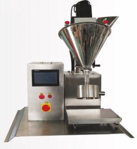A tabletop auger filler machine with a digital display and control buttons, primarily made of metal.