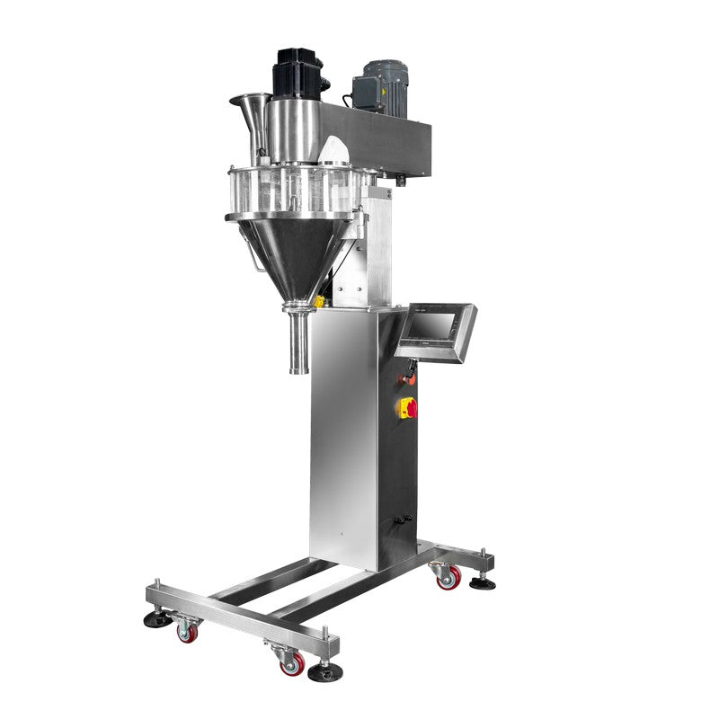 A vertical 50L Auger Filler machine made primarily of metal, featuring a funnel top, a hoppers, and a base with wheels.