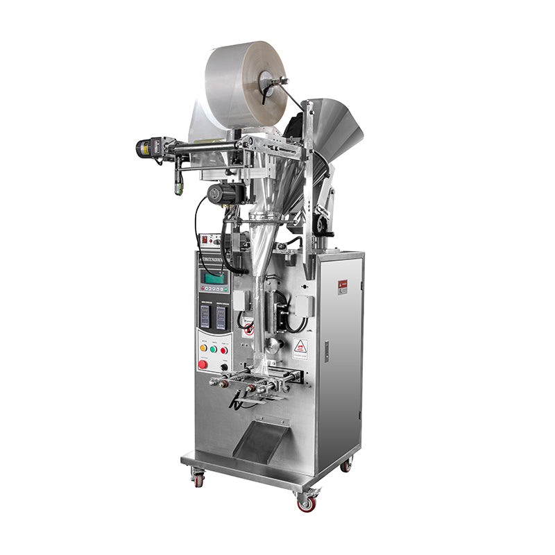 A vertical auger filler and packaging machine made primarily of metal, with a spout for dispensing product and packaging components visible.