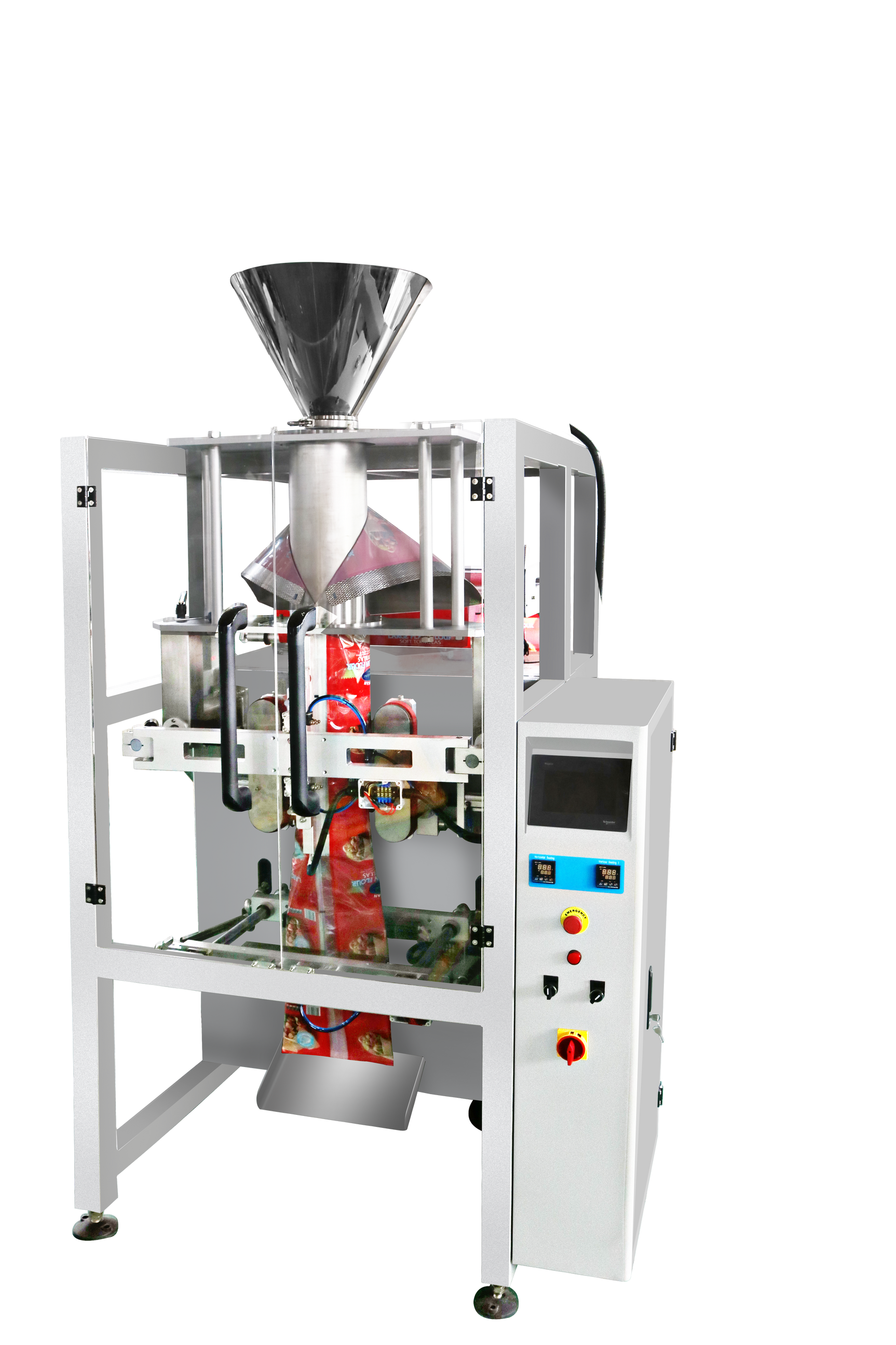 An industrial packaging machine of the VFFS series, which is capable of forming, filling, and sealing bags directly from a roll of film.