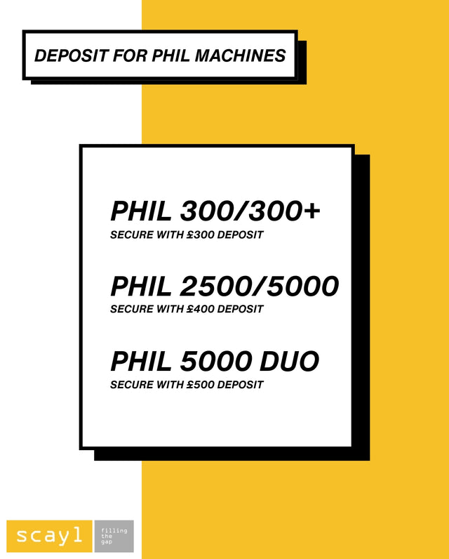 Deposit requirements for Phil machines displayed on a yellow background with text and branding.