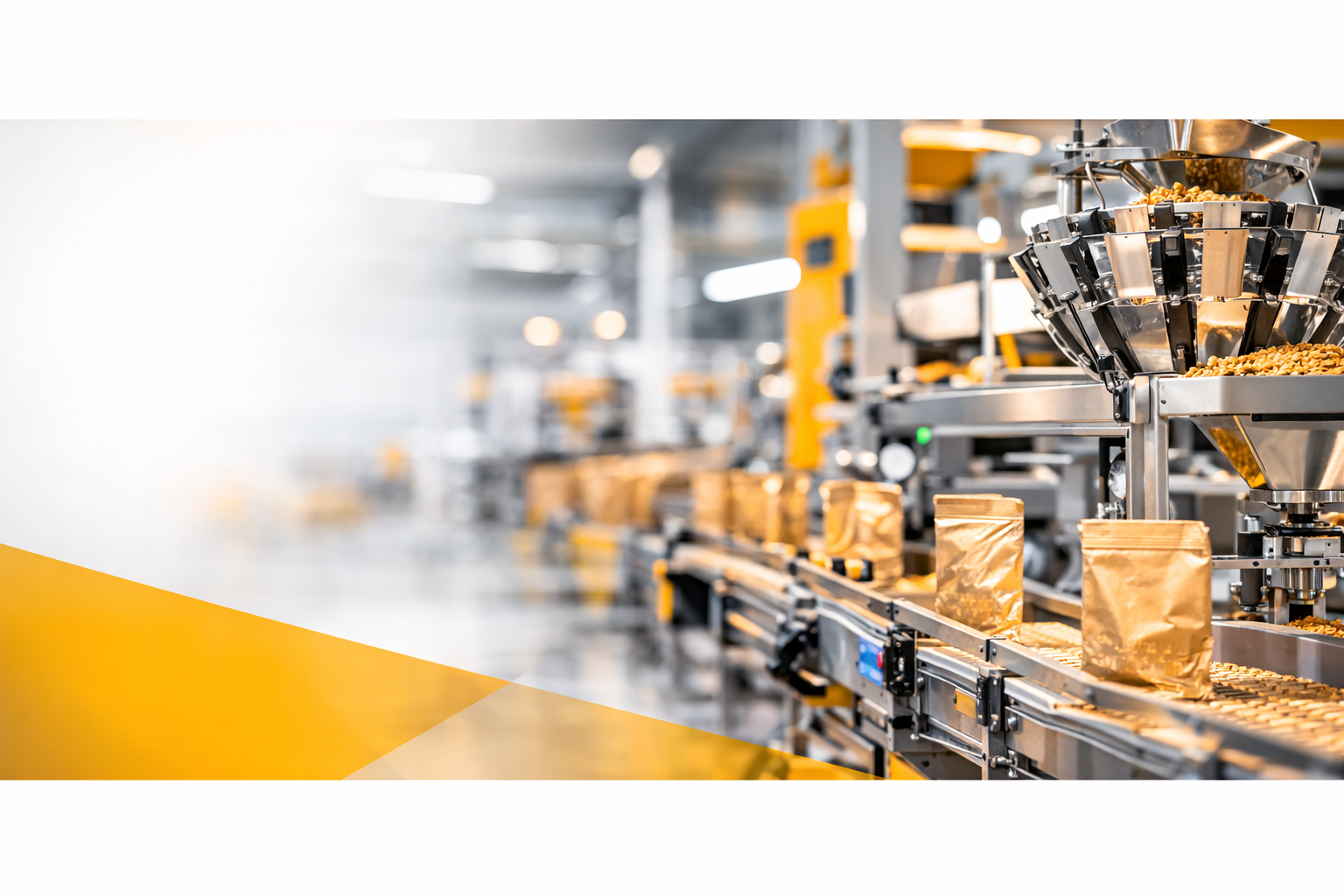 Factory conveyor belt with packaging machinery and bags.