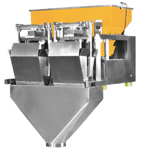 A triple-pan design linear weigher filling machine with a 2-head configuration and a 50L weigh hopper, predominantly metallic with some yellow.