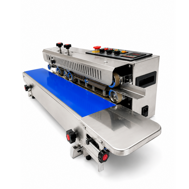 Sealing machine with blue sealing belt on a white background