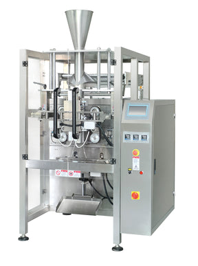 A vertical form fill seal machine, primarily in silver color, with control panel and a hopper at the top.