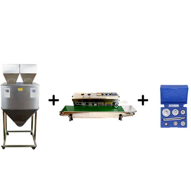 Collection of industrial equipment including a large metal container, a conveyor belt system, and a blue tool box on a white background.