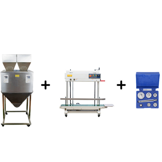 Three pieces of equipment on a white background: a large metal container, a smaller machine, and a blue tool box.