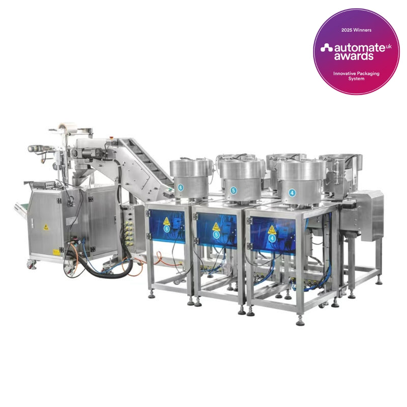 Industrial packaging machine with 'Automate UK Awards' badge on a white background