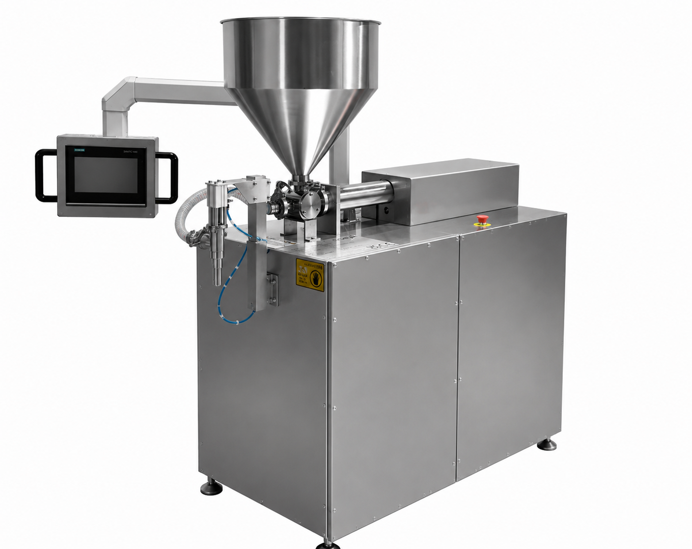 304 stainless steel industrial liquid filling machine with a screen on a white background