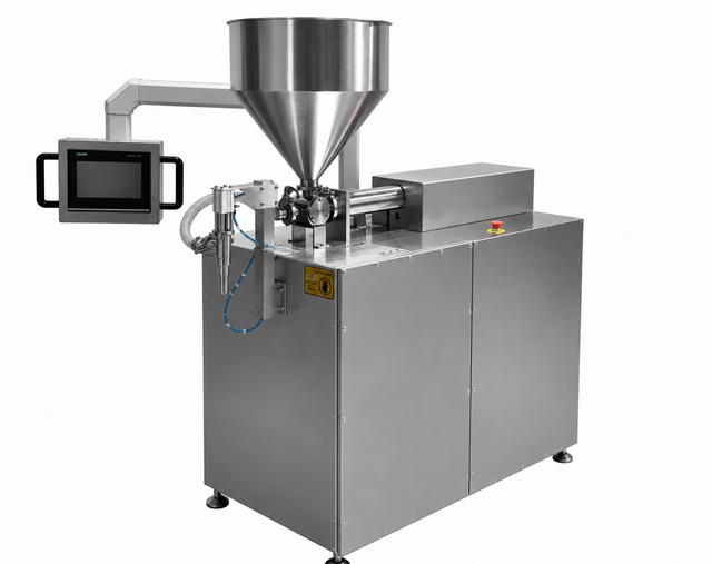 304 stainless steel industrial liquid filling machine with a screen on a white background