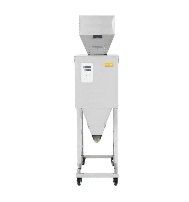 Industrial grain sorter machine on wheels, featuring a large metal hopper, control panel with buttons and a digital display, against a white background.