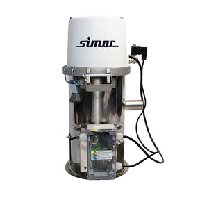 A vertical vacuum loader made of stainless steel with a hinged top, featuring tubing and a wand, branded with 'simar'.