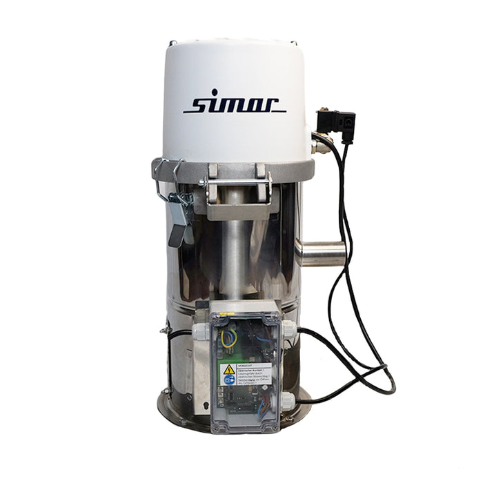 A vertical vacuum loader made of stainless steel with a hinged top, featuring tubing and a wand, branded with 'simar'.